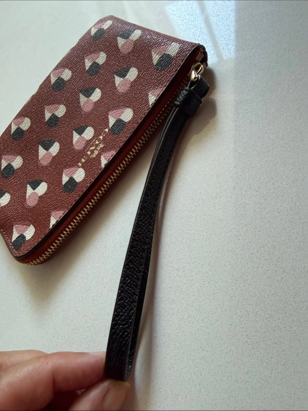 Coach Checked Red Heart-Print Leather Corner Zip Wristlet w/ Black Strap